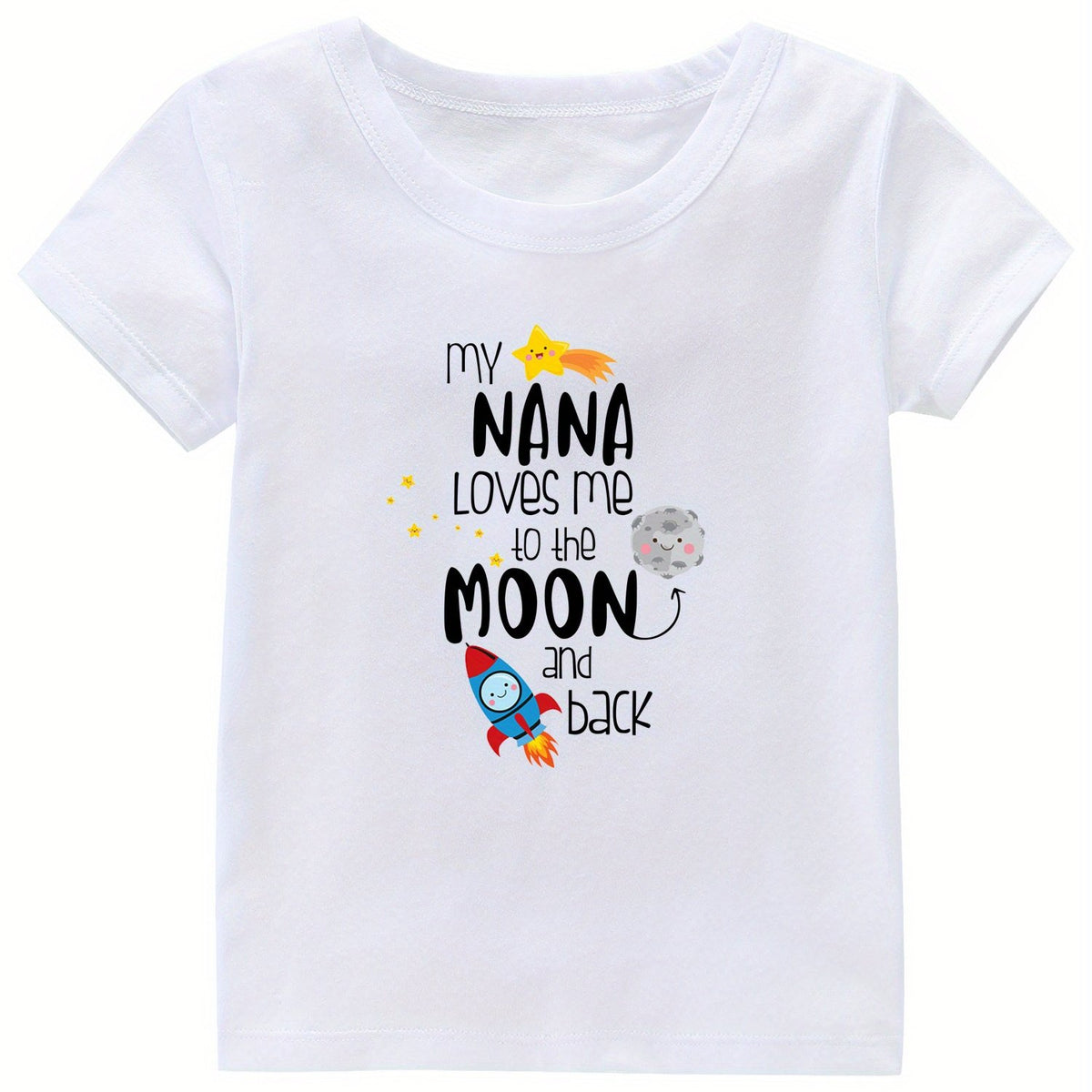 Moon & Rocket Print Girl's Cotton T shirt Breathable Tee For Summer