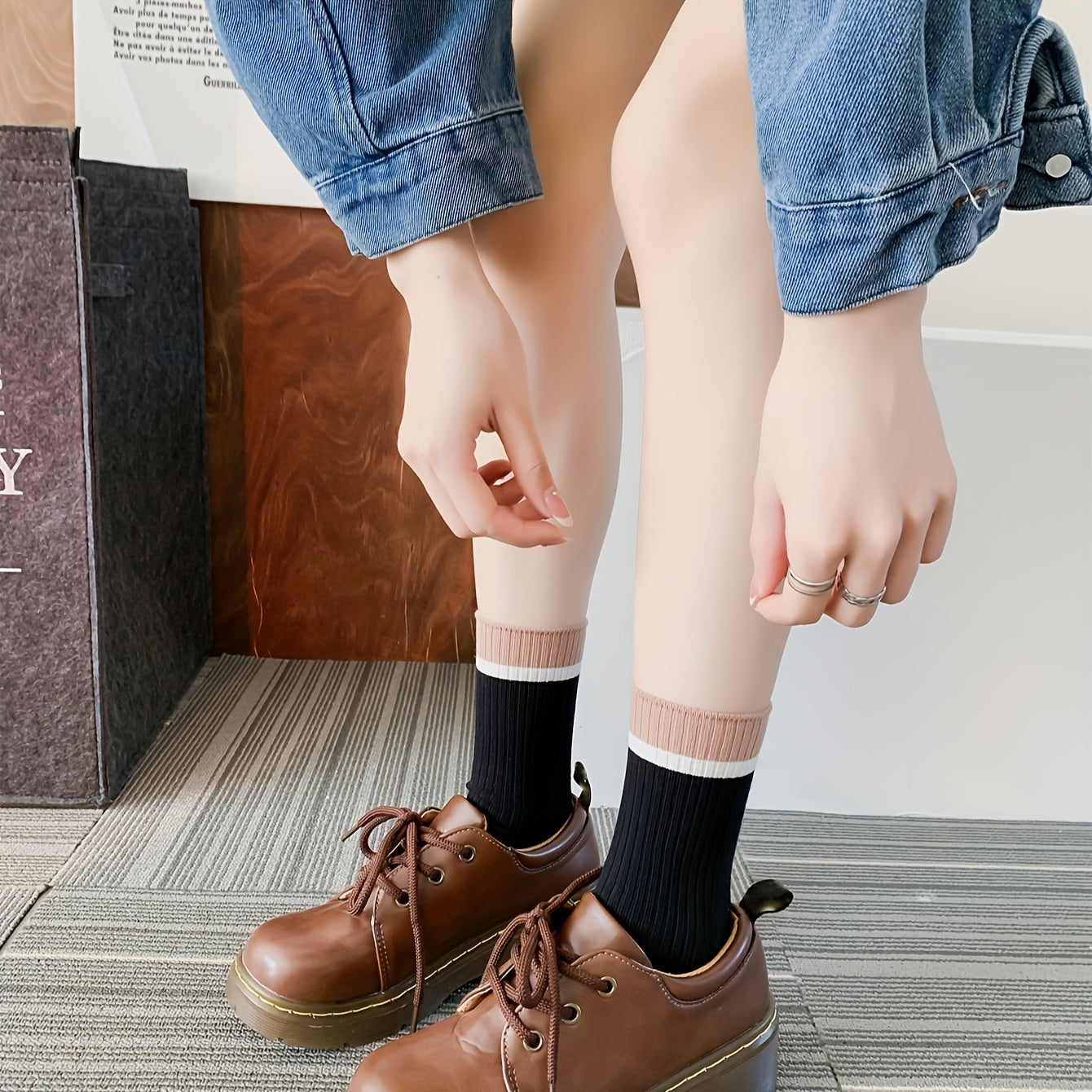 Colorblock Stripe Print Ribbed Socks Mid Tube Stockings