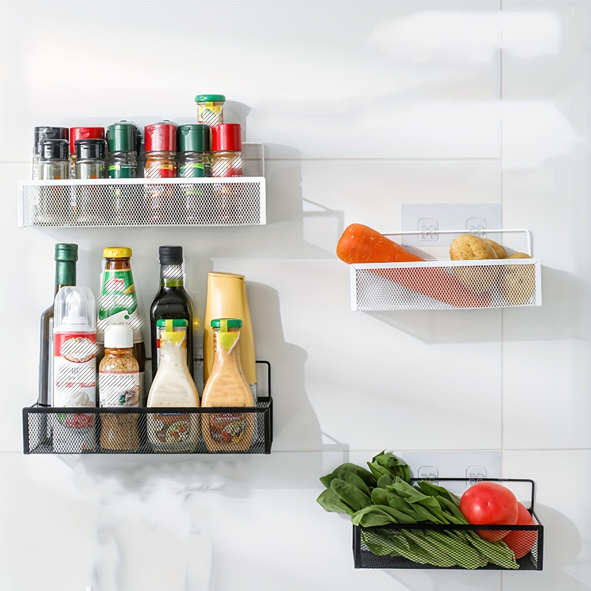 Wall-mounted Grid Storage Rack for Kitchen Supplies & Spices