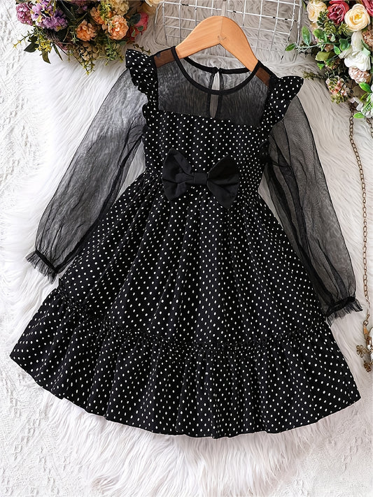 Girls Mesh Polka Dot Dress with Bow