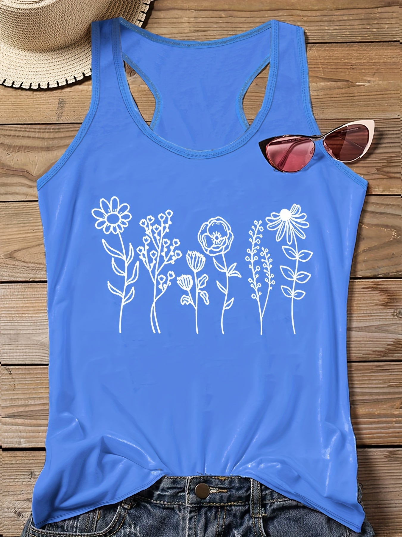  Casual Tank Top Women's Plus Floral Print Round Neck Slight Stretch