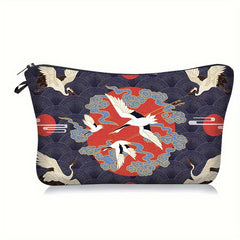 Chinese Peony Crane Print Makeup Pouch Retro Cosmetic Travel Bag