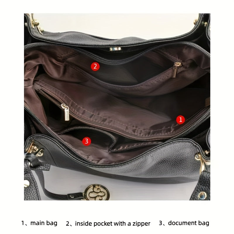 Women's Leather Handbag with Golden Hardware and Removable Strap