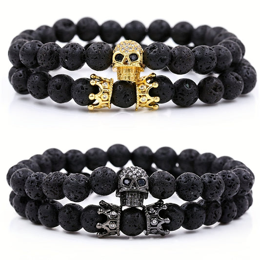 Volcanic Stone Micro Inlaid Skull Small Crown Men's Bracelet