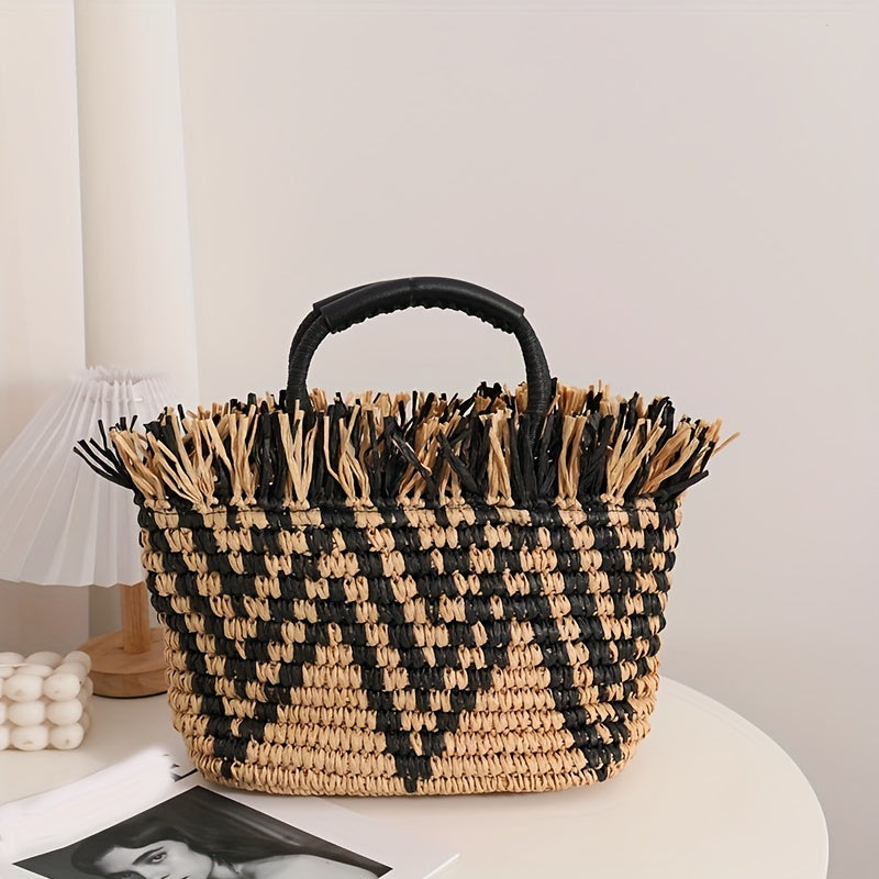 Woven Striped Tote Bag Lightweight Satchel Bucket Bag