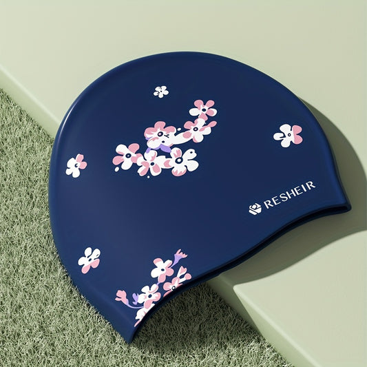Flower Pattern Silicone Swim Cap, Waterproof, Comfortable