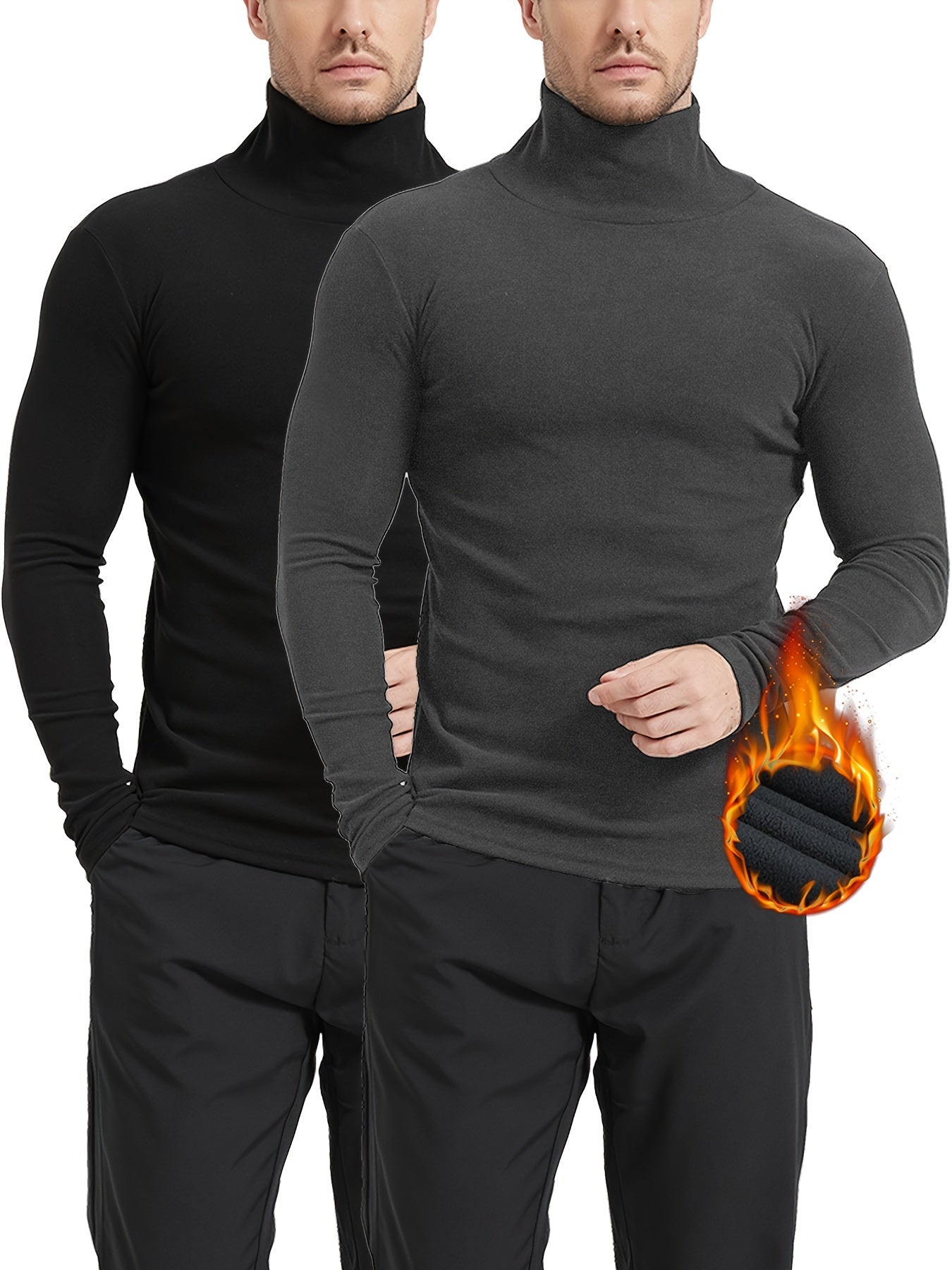 2pcs Men's Long Sleeve Turtleneck Thermal Base Layer - Winter Workout Essential