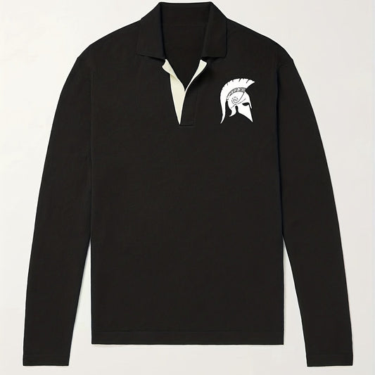 Warrior Helmet Pattern Knit Polo Shirt Men's Casual Lapel Sweater