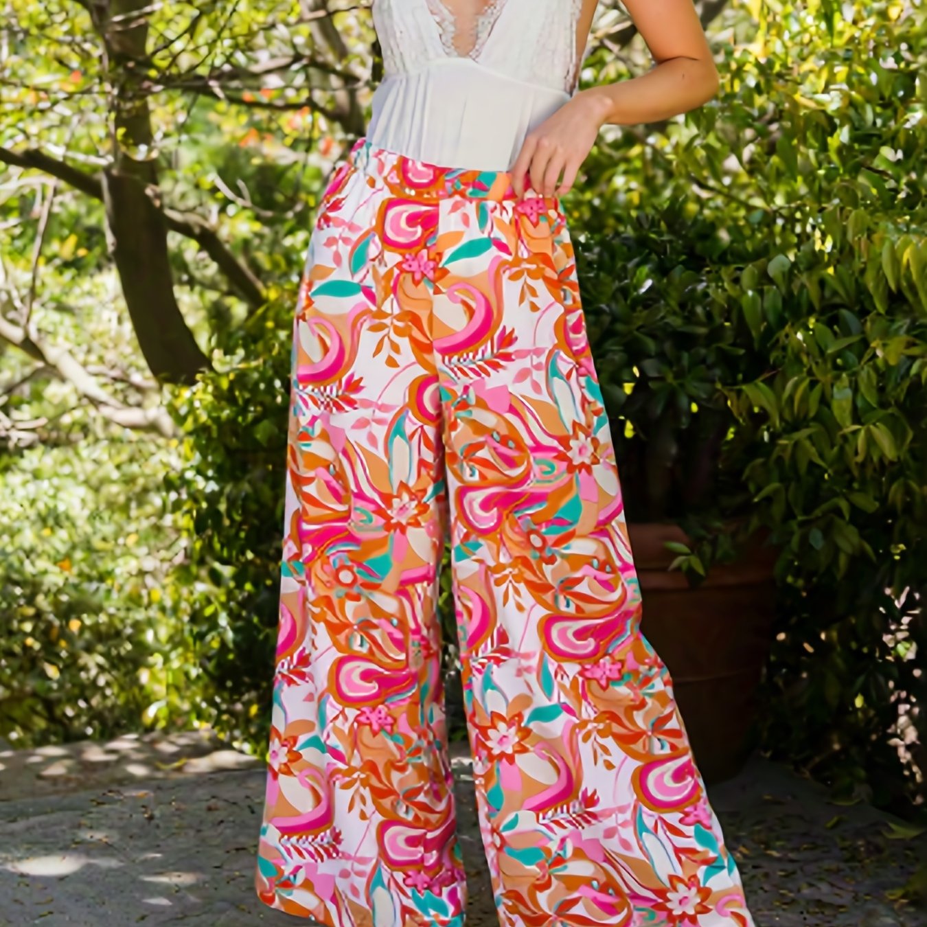  Floral Print High Rise Straight Leg Beach Pants