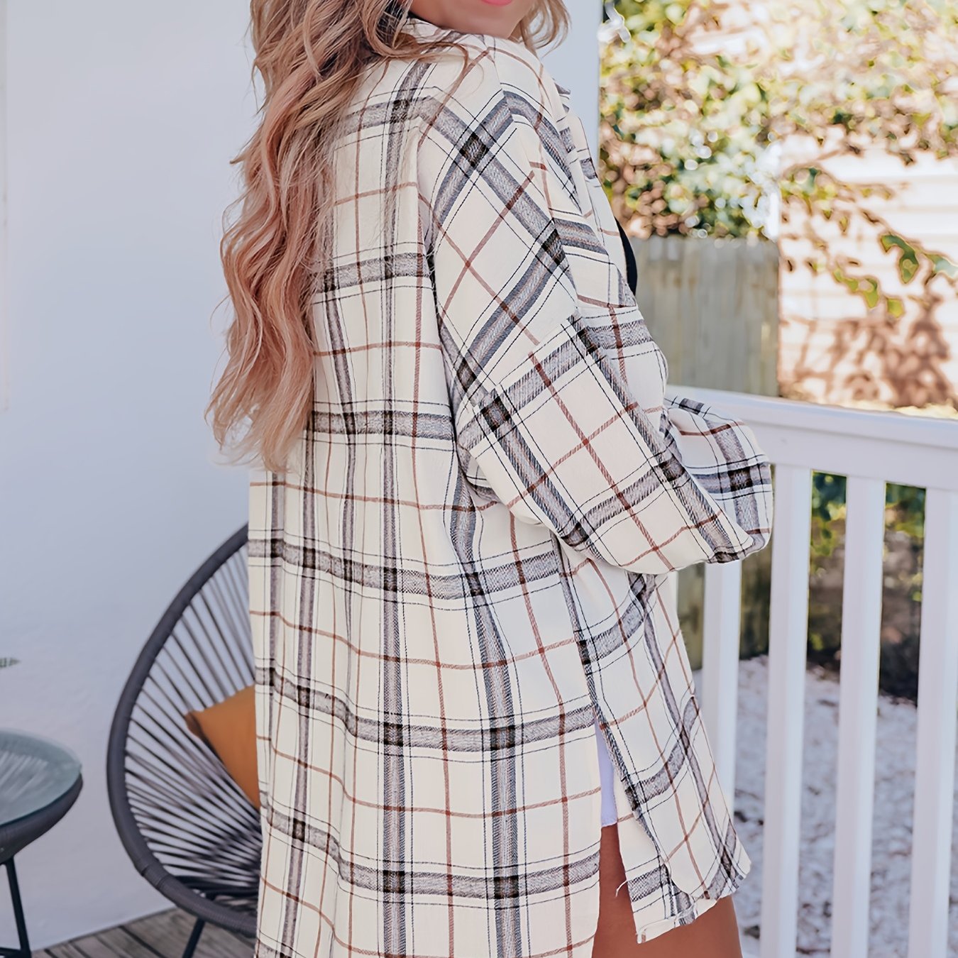 Plaid Shacket Side Split Button Up Casual Shirt Jacket