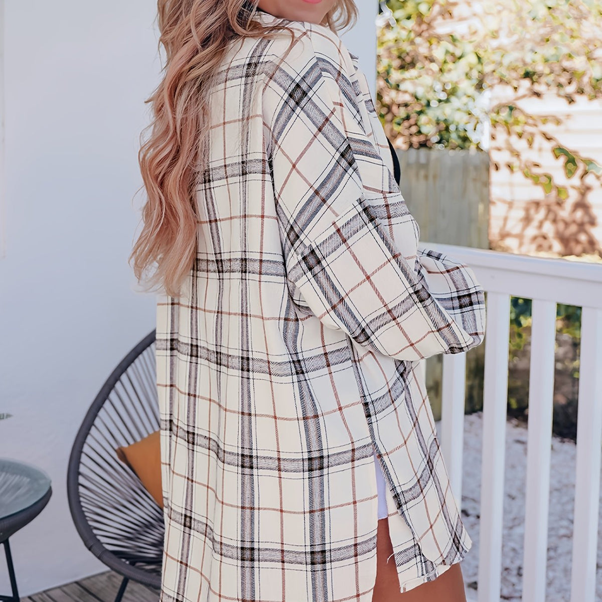 Plaid Shacket Side Split Button Up Casual Shirt Jacket