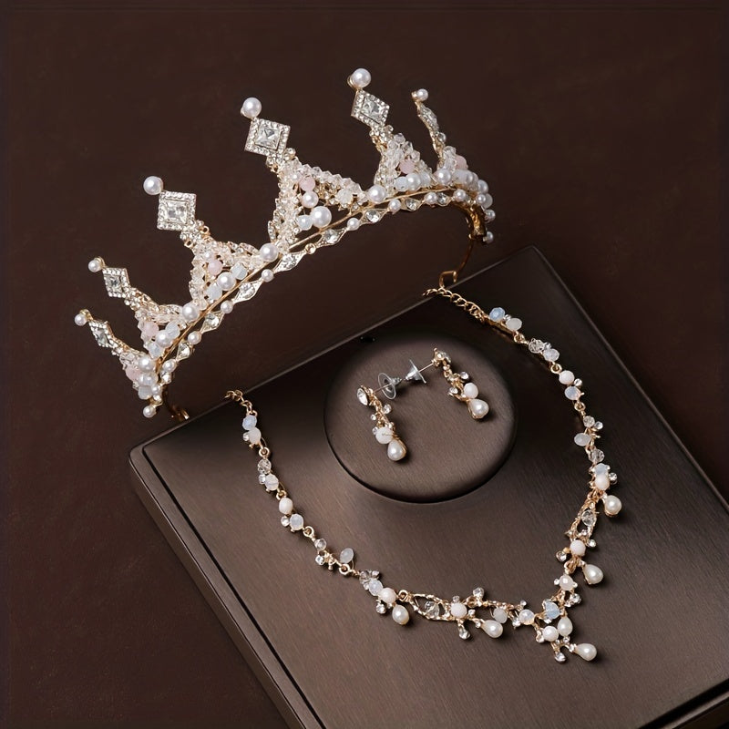 3pcs Rhinestone Bridal Set Crown Earrings Necklace