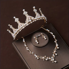 3pcs Rhinestone Bridal Set Crown Earrings Necklace
