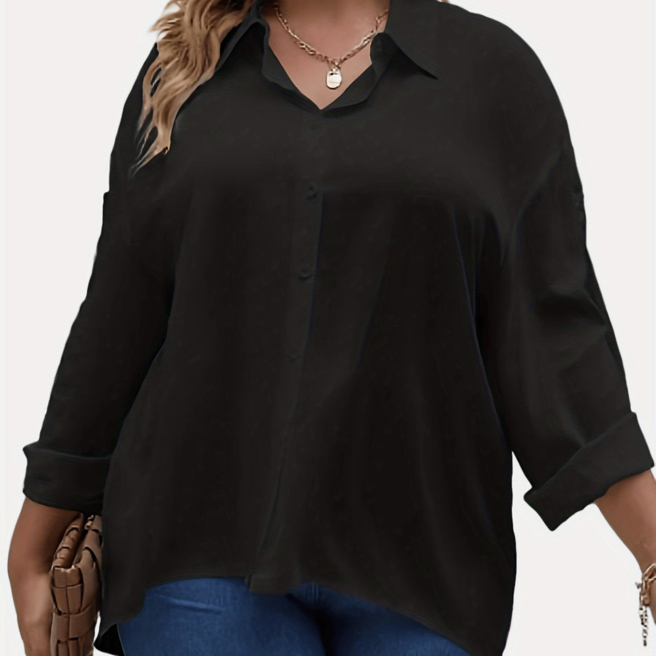  Basic Blouse Women's Plus Plain Turn Down Collar Button Up Shirt