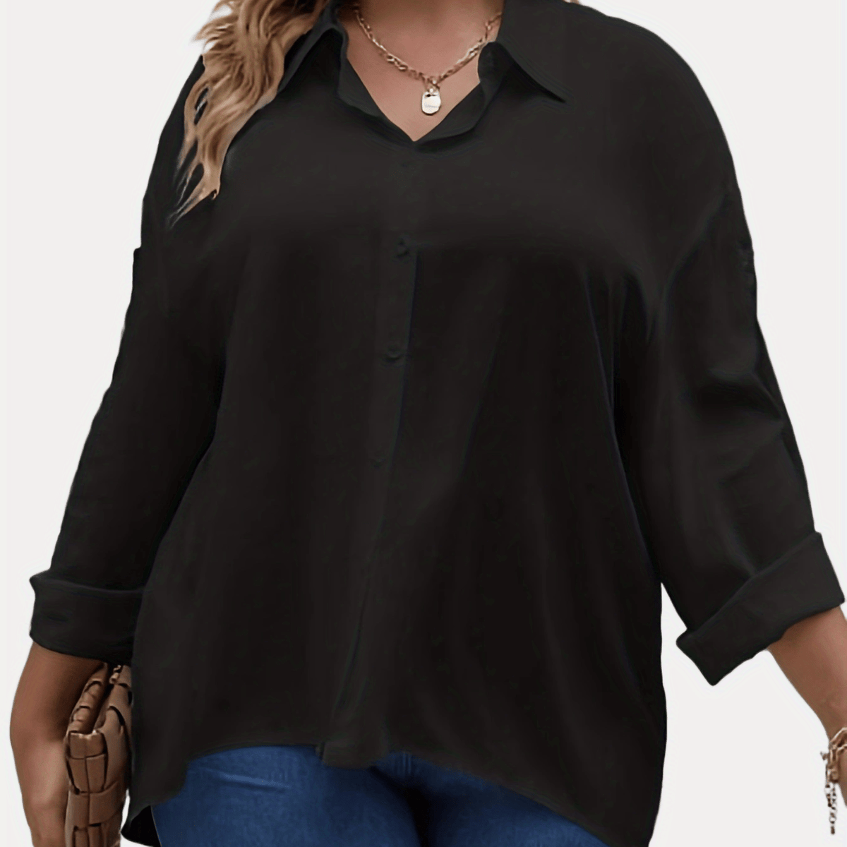  Basic Blouse Women's Plus Plain Turn Down Collar Button Up Shirt