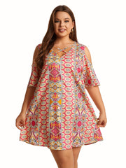  Paisley Print Cold Shoulder V Neck Dress