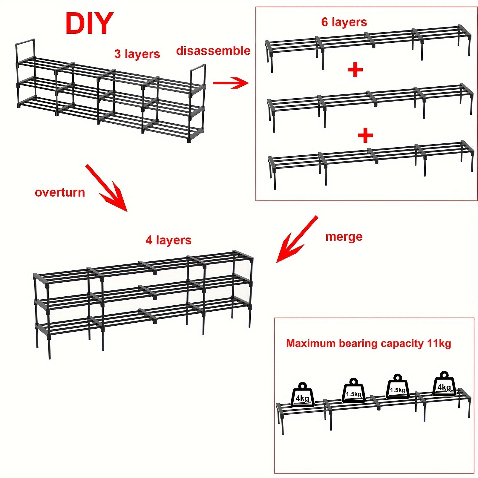 4 Column 3 Layer Shoes Rack Floor Standing Shoes Storage Stackable