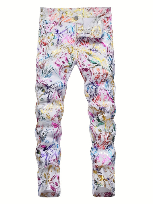 Boys Colorful Pattern Jeans Skinny Slim Fit Washed Denim Long Pants Kids