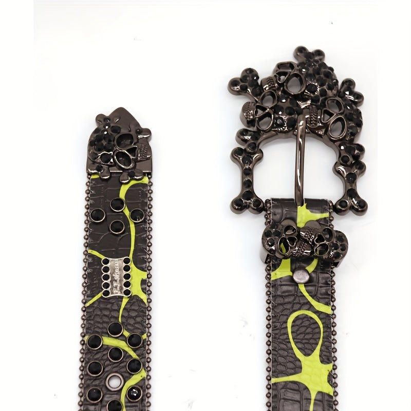 Men's Big Skull Rhinestone Inlaid PU Leather Belt Hip hop Style Buckle