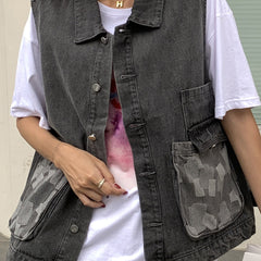  Colorblock Button-Up Denim Jacket