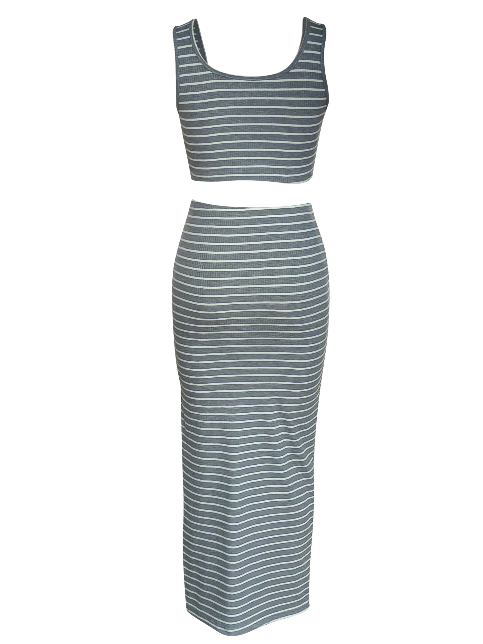 Striped Print 2pc Set Tank Top & Split Skirt Outfit Women's Clothing