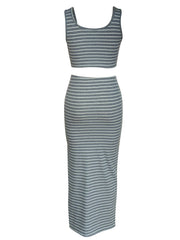 Striped Print 2pc Set Tank Top & Split Skirt Outfit Women's Clothing