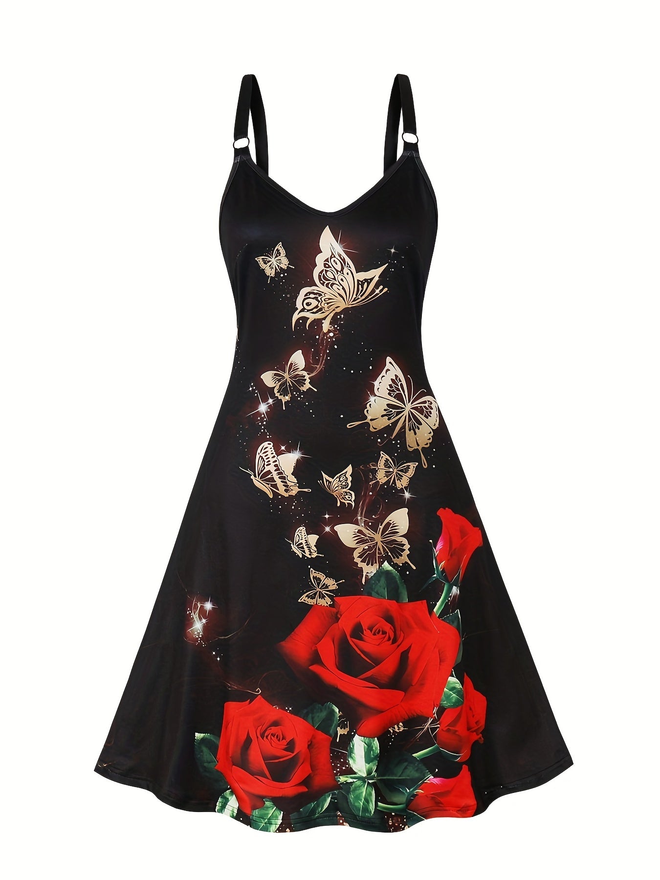  Floral & Butterfly Print V Neck Cami Dress