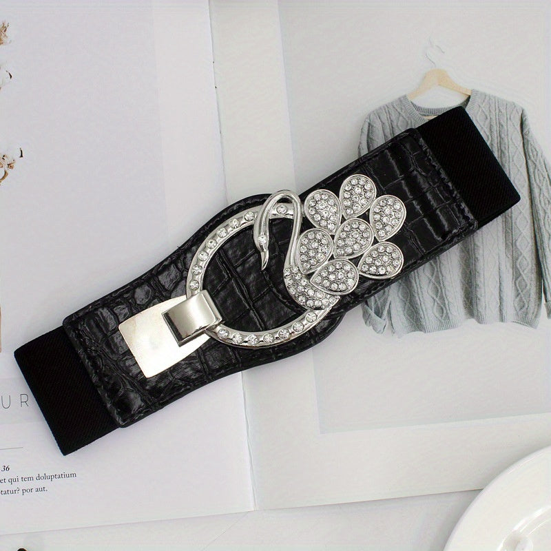 Elastic Wide Waistband Rhinestone Buckle Girdle Corset Belt
