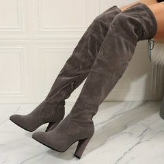 Women's Block Heel Over-The-Knee Boots Lace-Up Pointed Toe Solid