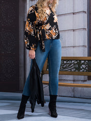  Floral Lantern Sleeve Top with Belt