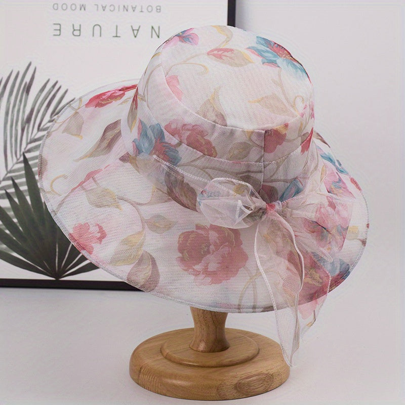 Flower Print Sun Hat Ribbon Bowknot Casual Bucket Hats