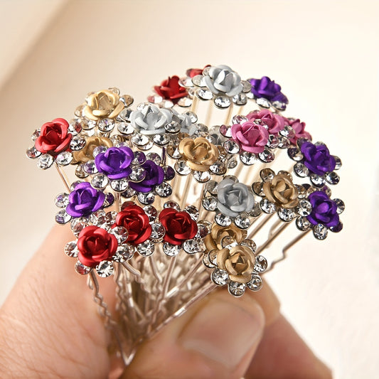 U Shaped Hair Clips Set with Rhinestones & Roses for Bridal & Everyday