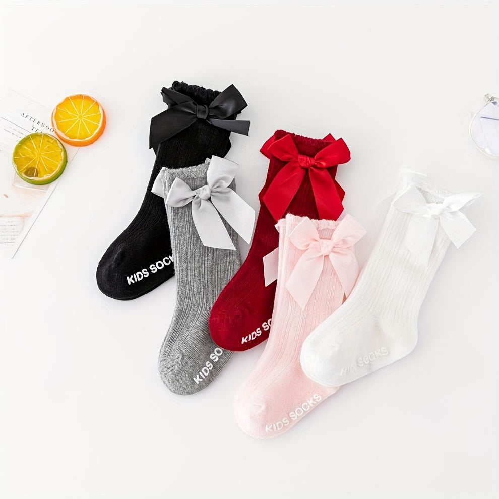 Toddler Girls Knee High Cotton Socks Solid Bowknot Spring Summer