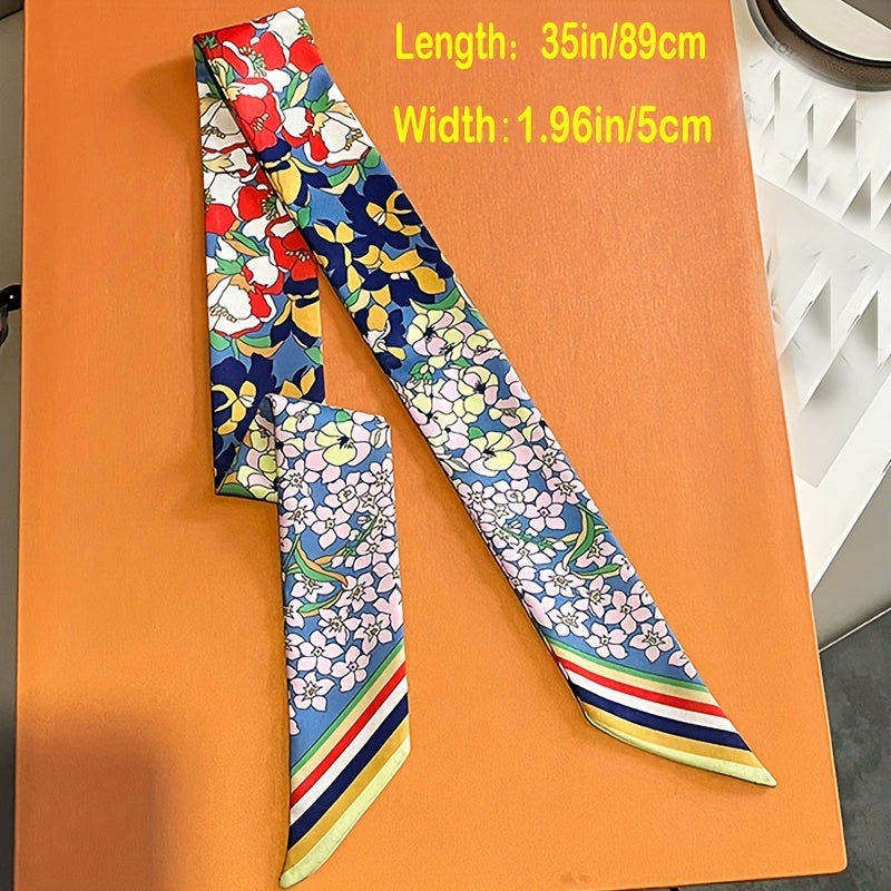 Flower Print Ribbon Skinny Scarf Boho Neck Tie Scarf Women Casual