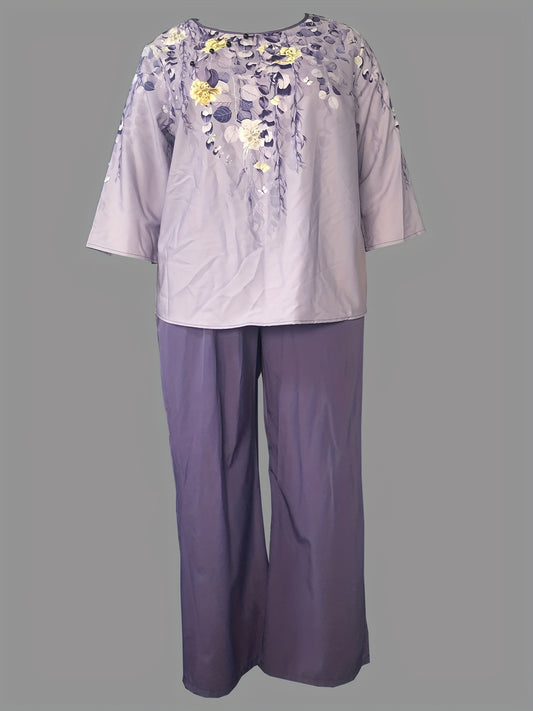 Women's Plus Floral Print Top & Pants 2 Piece Set