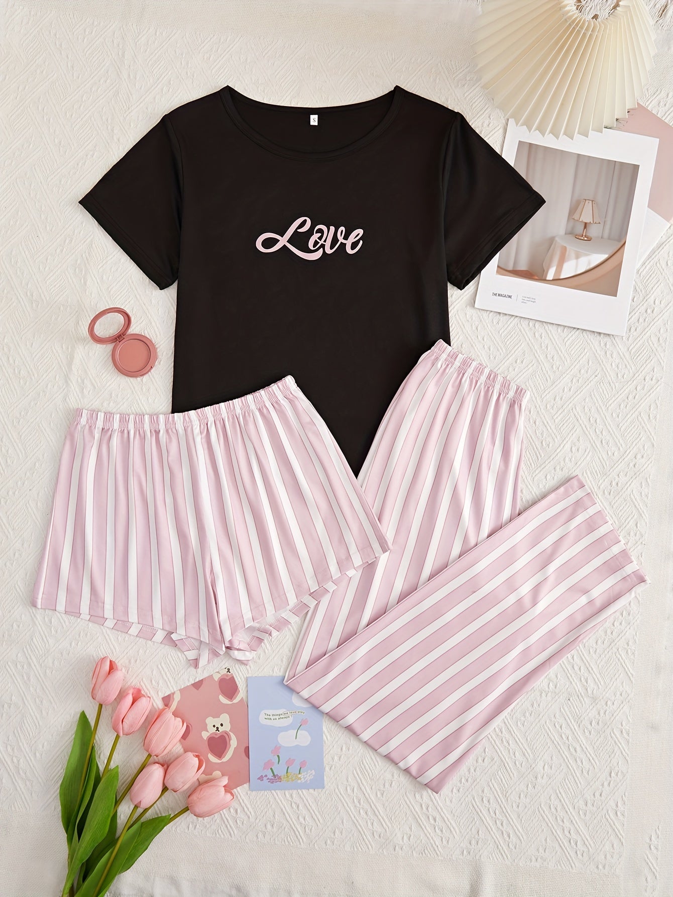Letter Print Pajamas Set Short Sleeve Top & Striped Shorts & Pants