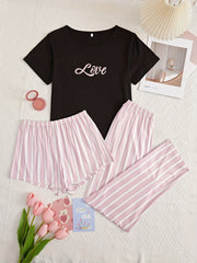 Letter Print Pajamas Set Short Sleeve Top & Striped Shorts & Pants
