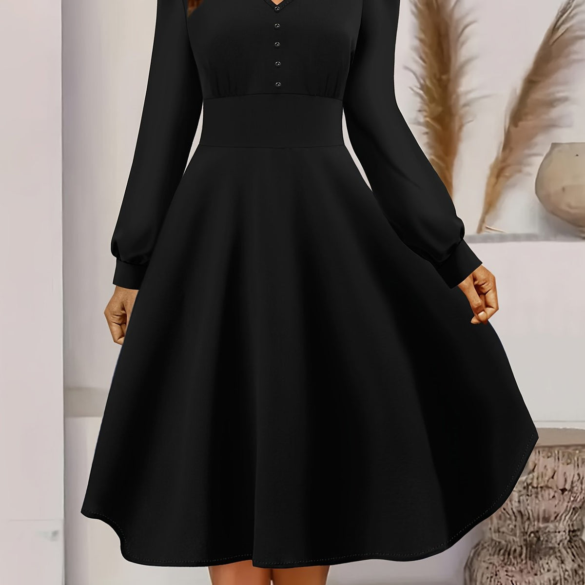  Casual Dress Women's Plus Solid Button Decor Long Sleeve V Neck