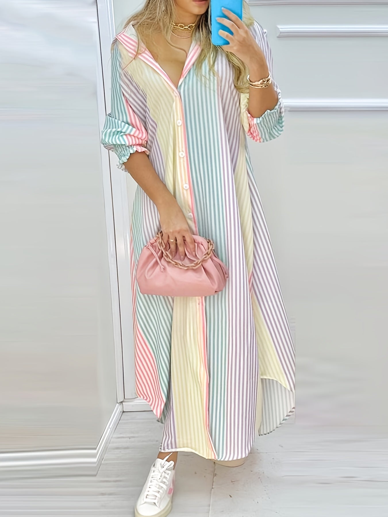 Block Striped Shirt Dress Long Sleeve Button Down Dress Women's Clothing