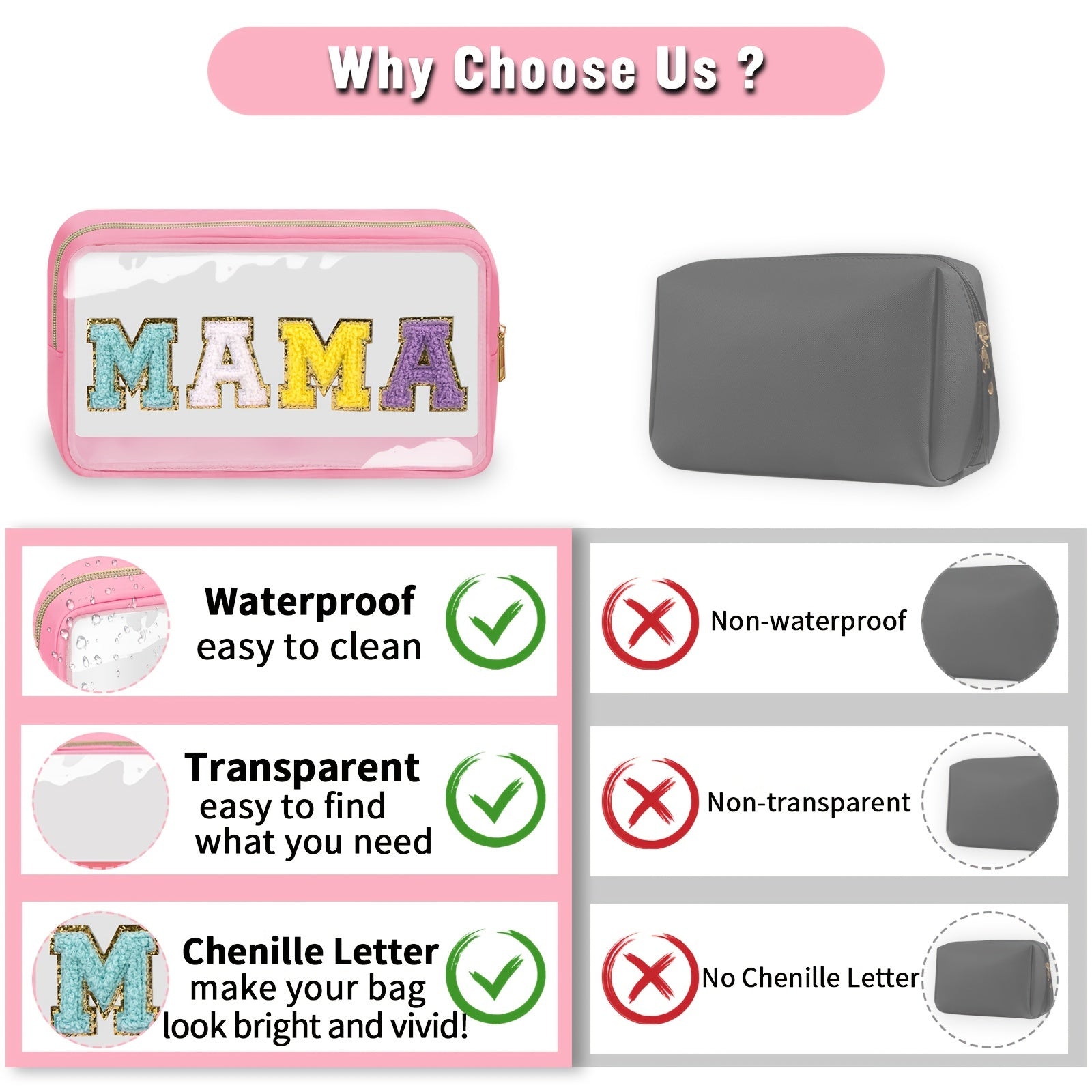 Chenille Letter Clear Makeup Bags Mama Pouch Preppy Patch Makeup Bag