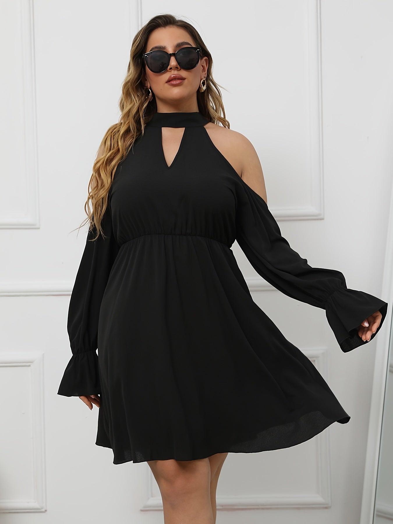  Solid Halter Neck Off Shoulder Cut Out Midi Dress