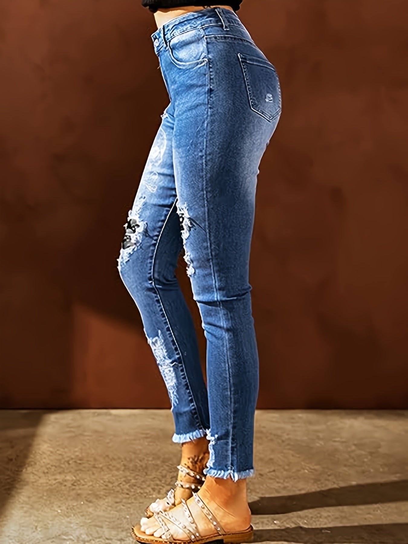  Women's Skull Print Ripped High Stretch Jeans