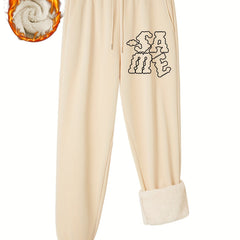 Women's Sporty Pants Plus Size Art Letter Print Liner Fleece Elastic Drawstring