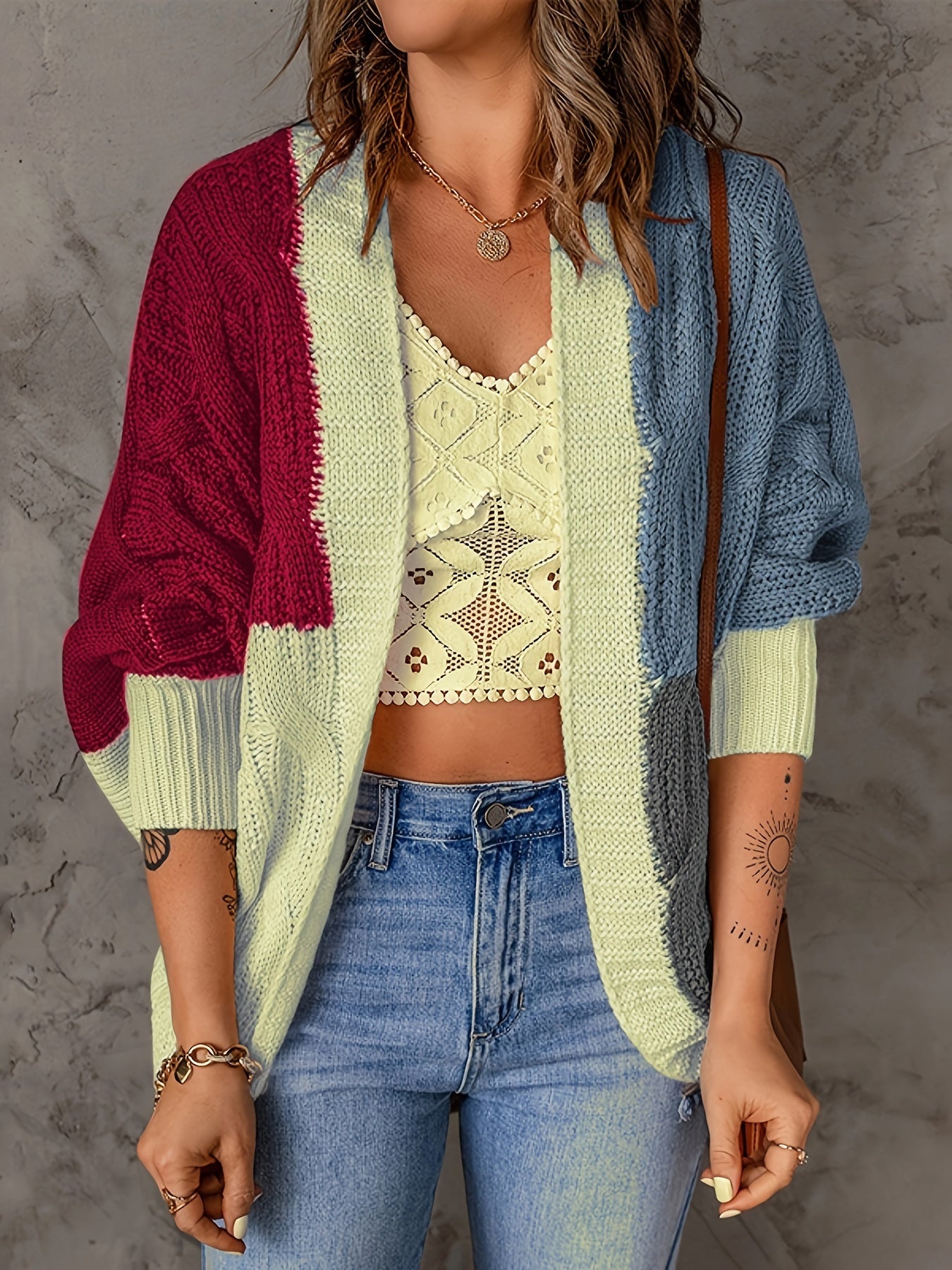  Colorblock Cable Bat Sleeve Cardigan