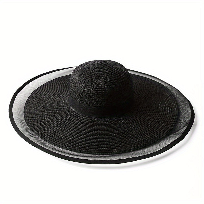 Oversized Mesh Brim Sun Hat Solid Vintage Straw Floppy Summer Travel