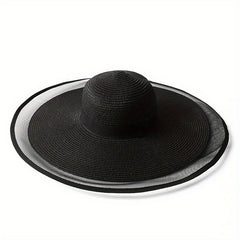 Oversized Mesh Brim Sun Hat Solid Vintage Straw Floppy Summer Travel