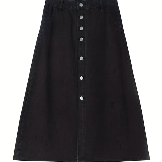  Solid A-line Denim Skirt with Pockets