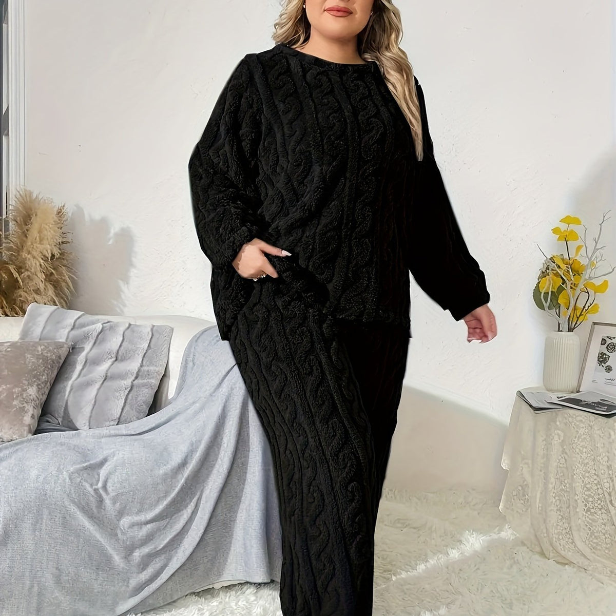 Solid Cable Long Sleeve Top & Pants 2 Pc Set