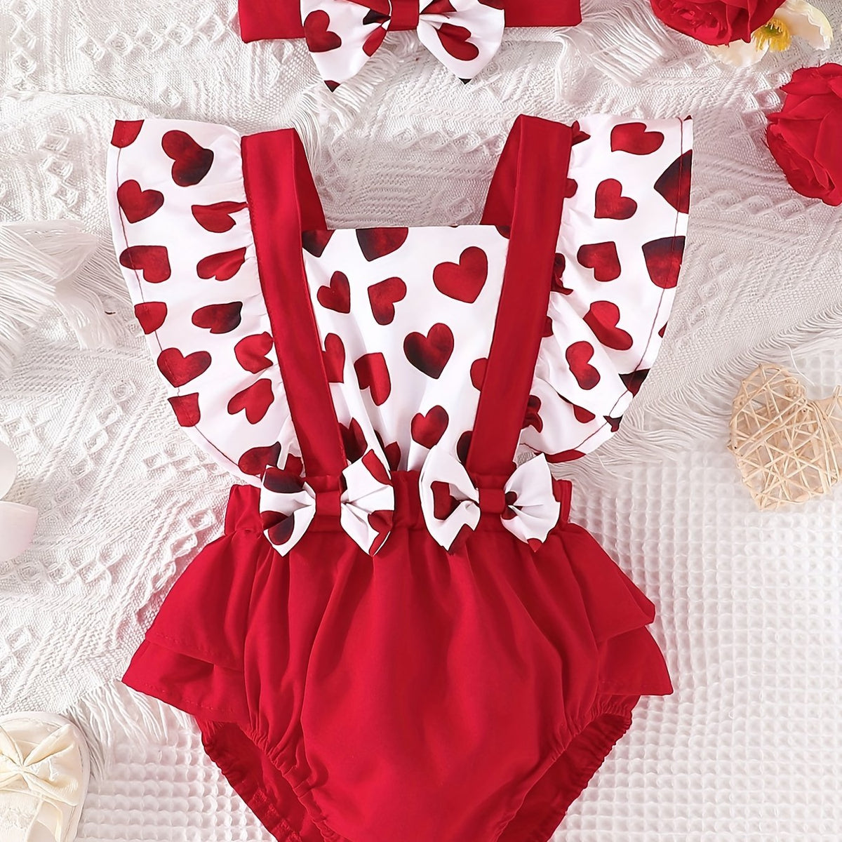 Newborn Infant Heart Print Romper & Bow Headband Set For Baby Girls