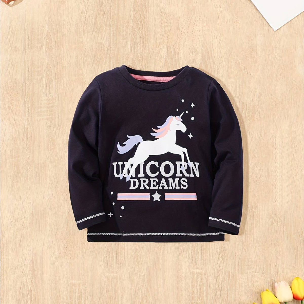 Girls 100% Cotton Unicorn Graphic Long Sleeve T-shirt for Spring Fall